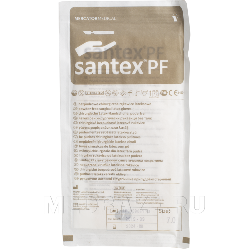 Перчатки хирургические латексные Santex PF, размер 7.0, текстурированные