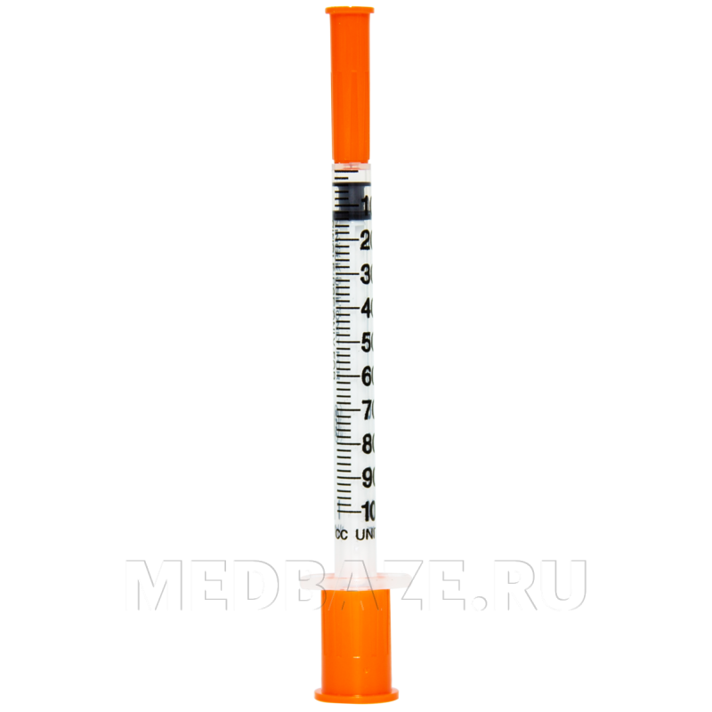 Шприц инъекционный, 3-х комп., одноразовый, с интегр. иглой, оранжевый, 0.5 мл, 0.33*12.7 мм, 29G, U100, SFM, 100 шт/уп