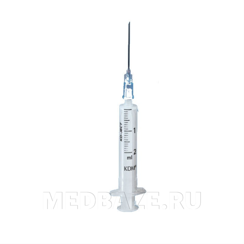 Шприц инъекционный, 2-х комп., одноразовый, с иглой, 2 мл, 0.60*30 мм, 23G, (802229R), KDM, 100 шт/уп