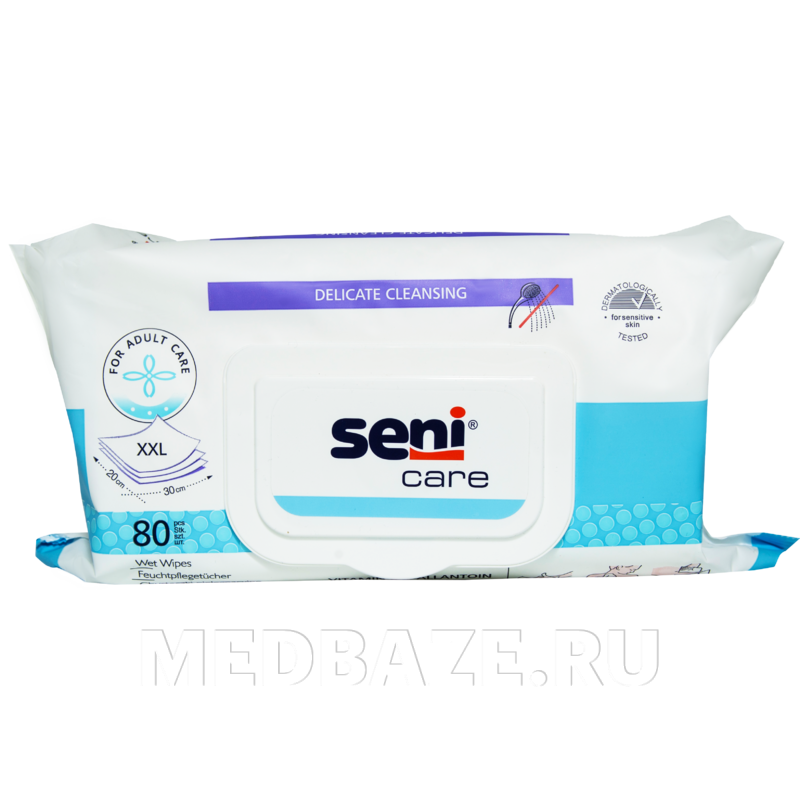 Салфетки влажные Seni Care, с витамином Е и алантоином, с клапаном, Tzmo SA, 80 шт/уп