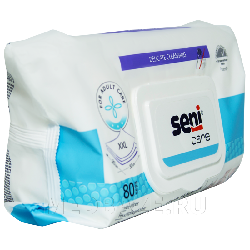 Салфетки влажные Seni Care, с витамином Е и алантоином, с клапаном, Tzmo SA, 80 шт/уп