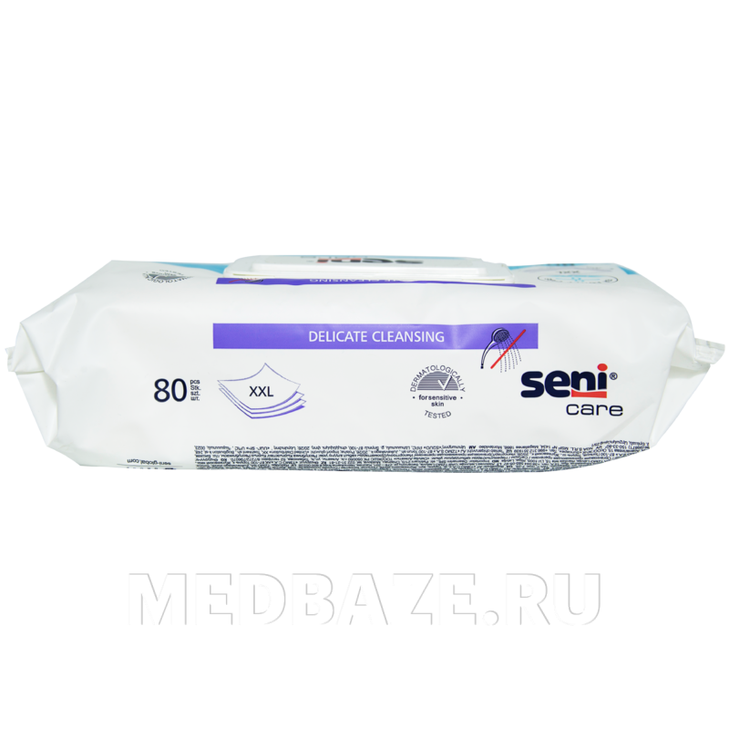 Салфетки влажные Seni Care, с витамином Е и алантоином, с клапаном, Tzmo SA, 80 шт/уп