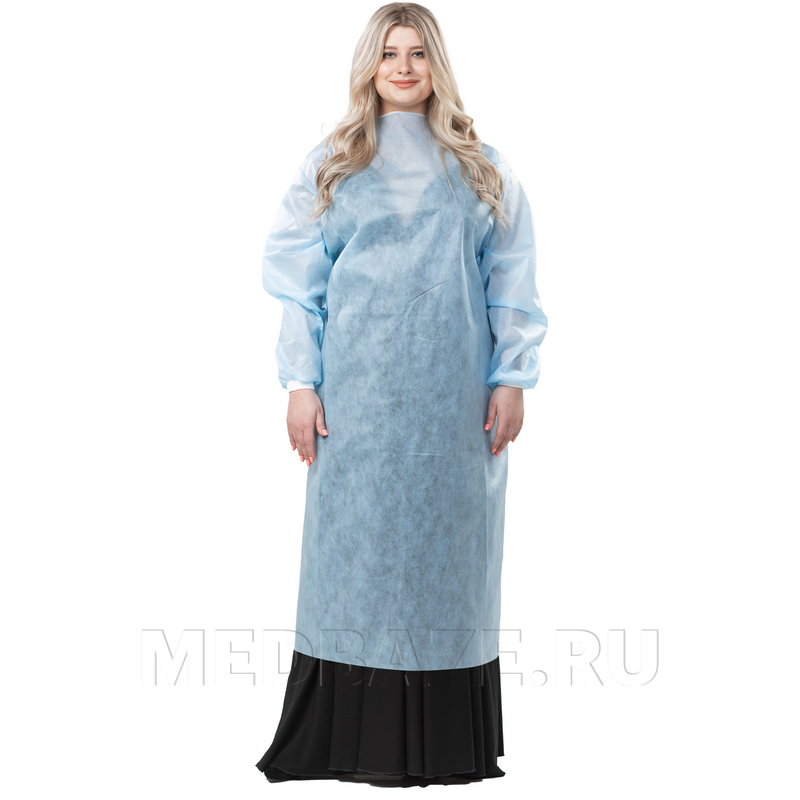 Халат, плотность 42 г/м2, рукава на манжете, оверлок, длина 140 см, размер 56-58, голубой, (ВИ-100110 GR), Медбонд, 5 шт/уп