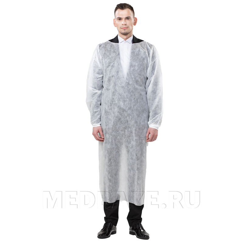 Халат, плотность 20 г/м2, рукава на манжете, оверлок, длина 140 см, размер 56-58, GR белый, (140170), Медбонд, 10 шт/уп