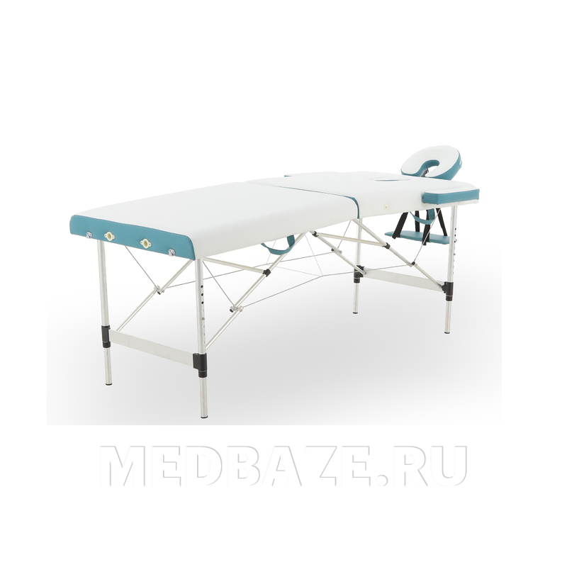 Стол массажный складной Med-Mos JFAL01A 2-х секционный, алюминиевая рама, белый-бирюзовый в комплекте со стулом МА-01 СТ-7КА бежевый