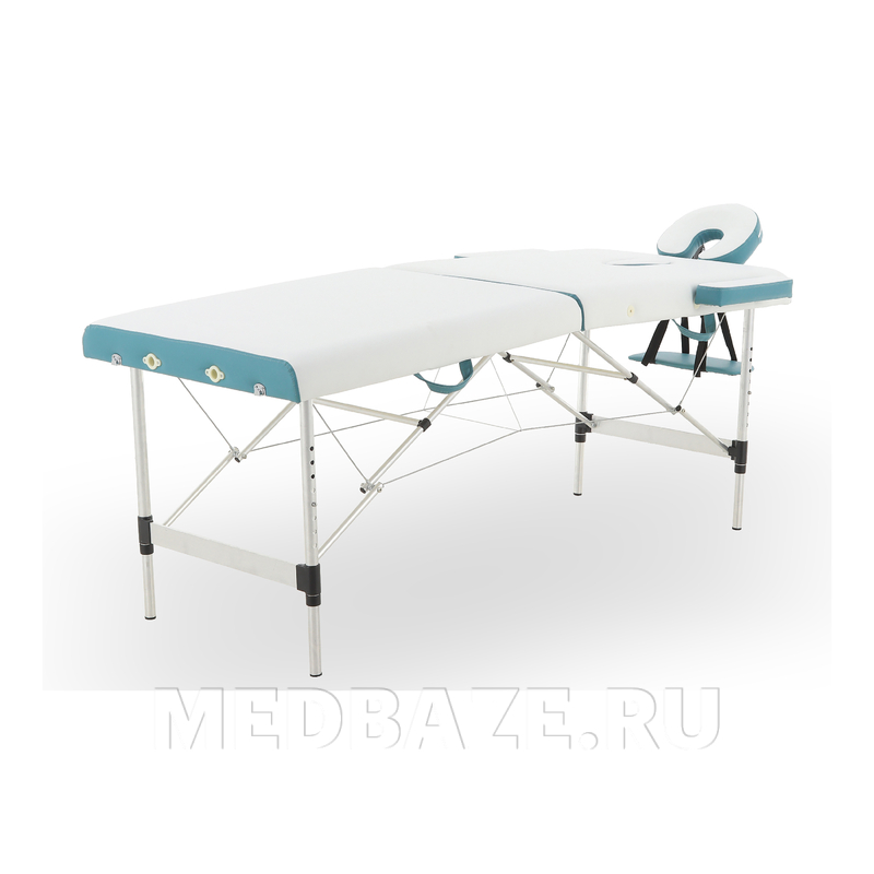 Стол массажный складной Med-Mos JFAL01A 2-х секционный, алюминиевая рама, белый-бирюзовый в комплекте со стулом МА-01 СТ-7КА белый