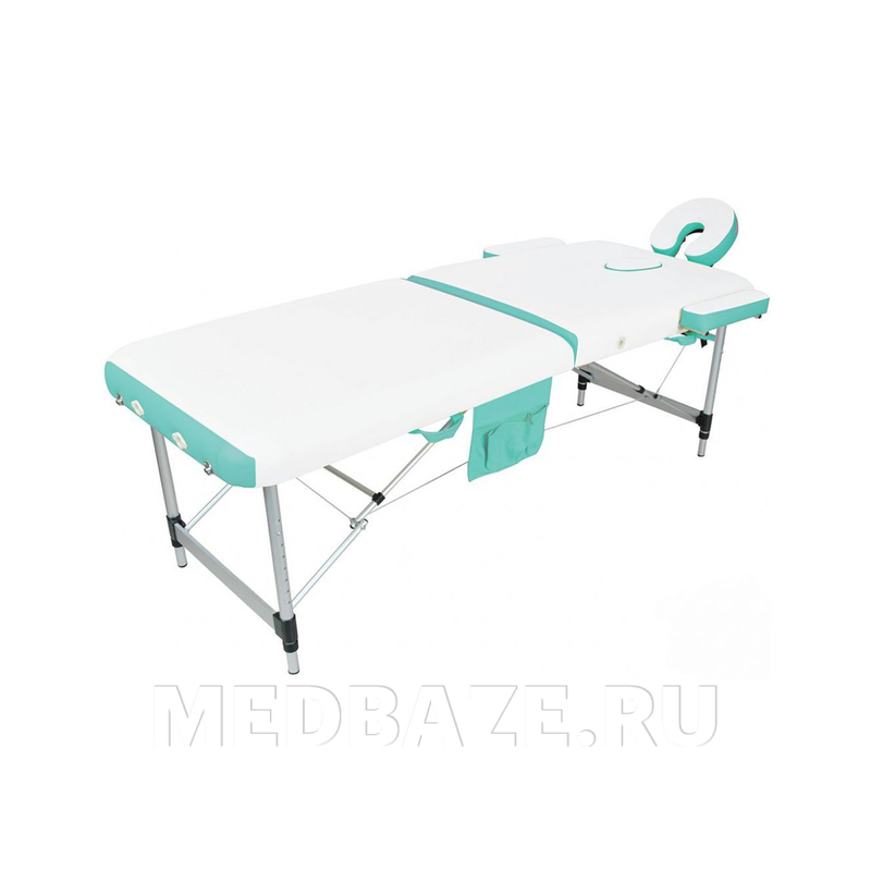 Стол массажный складной Med-Mos JFAL01A 2-х секционный, алюминиевая рама, белый-бирюзовый в комплекте со стулом МА-01 СТ-7КА кофе с молоком
