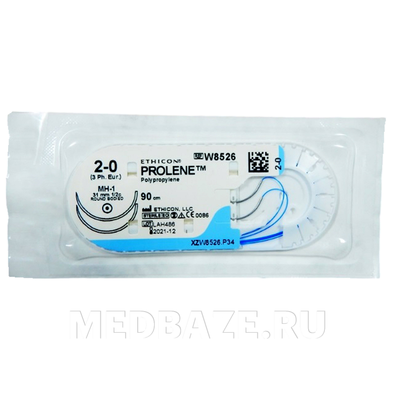Пролен L90 см, 2/0 М3, 2 иглы колющие МН-1, 31 мм 1/2 окружности, синий, (W8526), Johnson & Johnson, 12 шт/уп