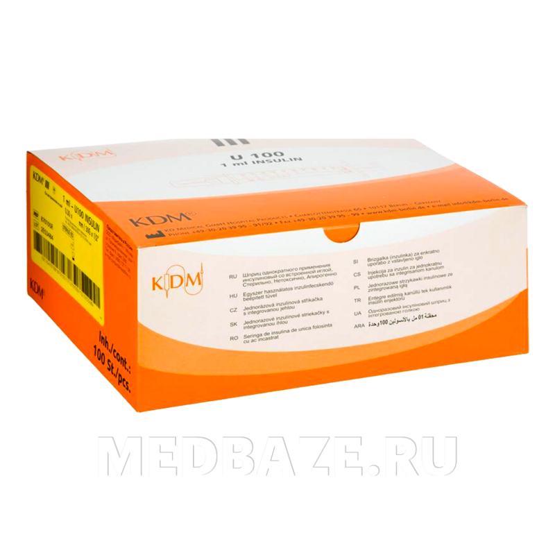 Шприц инъекционный инсулиновый 3-х комп. одноразовый KD-Ject 1 мл 30G 0.30*8 мм U100, с иглой (870549R), KDM, 100 шт/уп