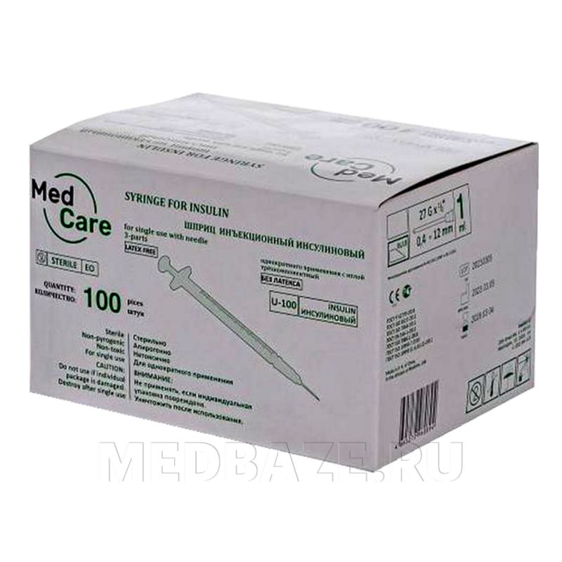 Шприц инъекционный инсулиновый 3-х комп. одноразовый 1 мл 27G 0.40*12 мм U100, MedCare, 100 шт/уп