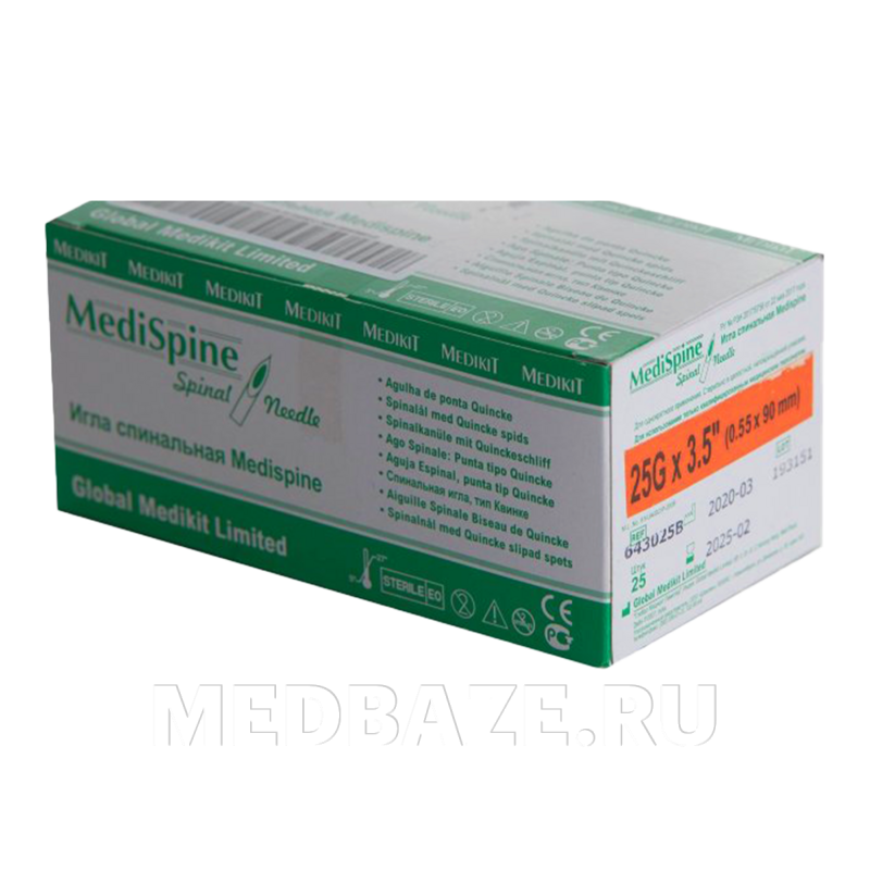 Игла спинальная для анестезии тип Квинке G25 0.55*90 мм (643025B), Medispin Inekta, 25 шт/уп
