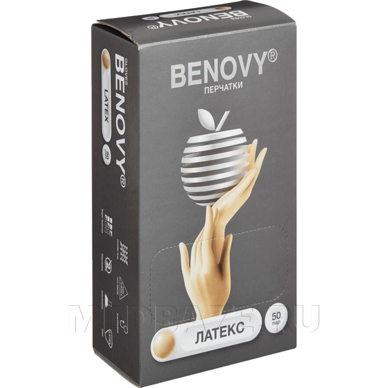 Перчатки латексные Benovy, размер М, неопудренные, 50 пар/уп