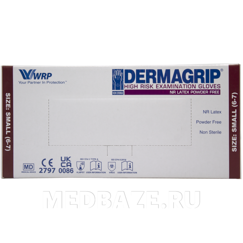 Перчатки латексные высокопрочные Dermagrip High Risk, размер S, 25 пар/уп
