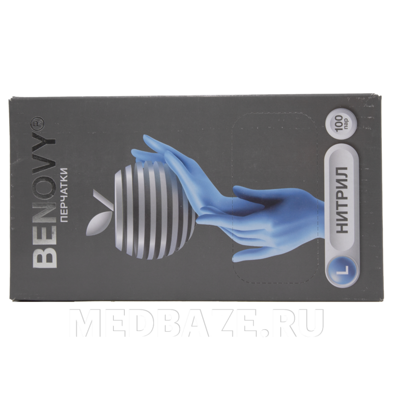 Перчатки нитриловые Benovy, размер L, голубые, текстурированные, 100 пар/уп