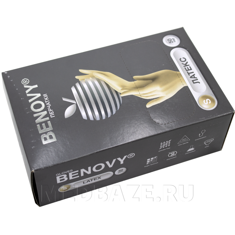 Перчатки латексные Benovy, размер S, неопудренные (B107K3), 50 пар/уп