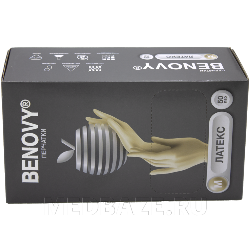 Перчатки латексные Benovy, размер М, неопудренные (B107K3), 50 пар/уп