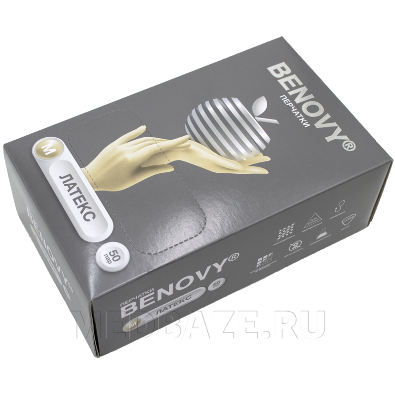 Перчатки латексные Benovy, размер М, неопудренные (B107K3), 50 пар/уп