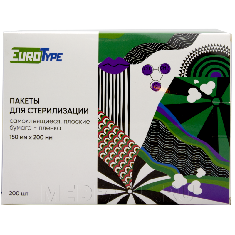 Пакет для стерилизации самоклеющийся (пленка) 150*200 мм, в картонной упаковке, EuroType, 200 шт/уп