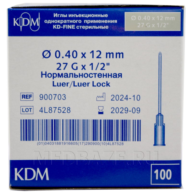Игла инъекционная 27G 0.40*12 мм, KD-Fine, 100 шт/уп