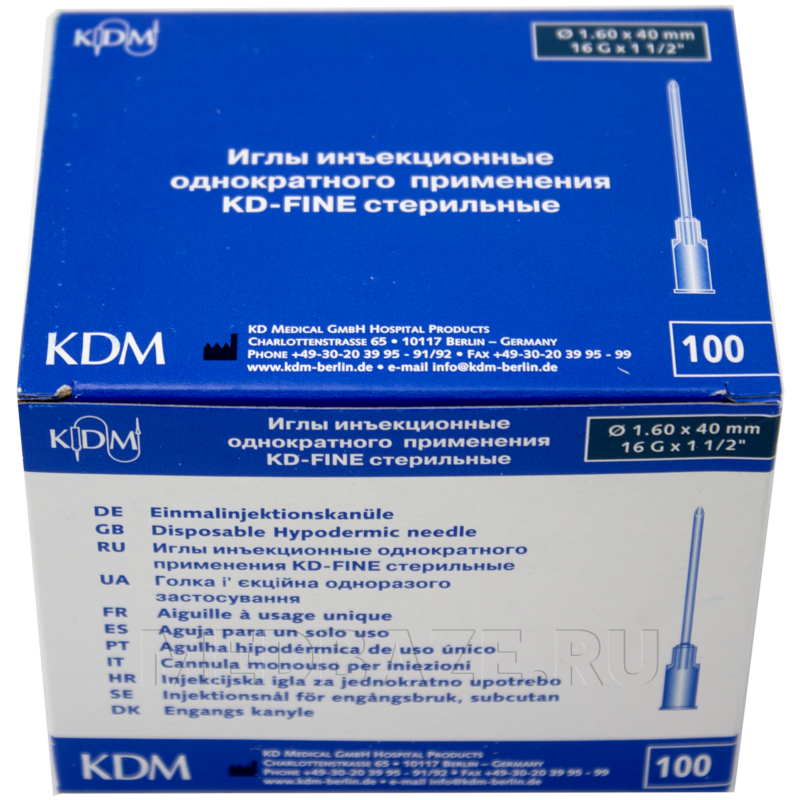 Игла инъекционная 16G 1.60*40 мм, KD-Fine, 100 шт/уп