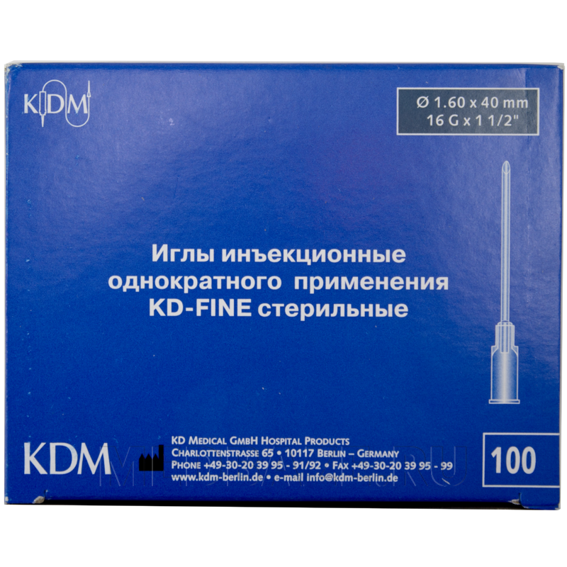 Игла инъекционная 16G 1.60*40 мм, KD-Fine, 100 шт/уп
