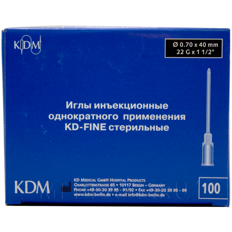 Игла инъекционная 22G 0.70*40 мм, KD-Fine, 100 шт/уп
