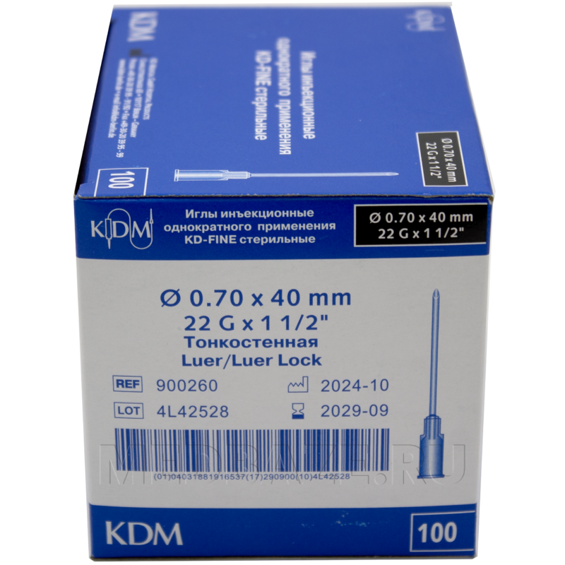 Игла инъекционная 22G 0.70*40 мм, KD-Fine, 100 шт/уп