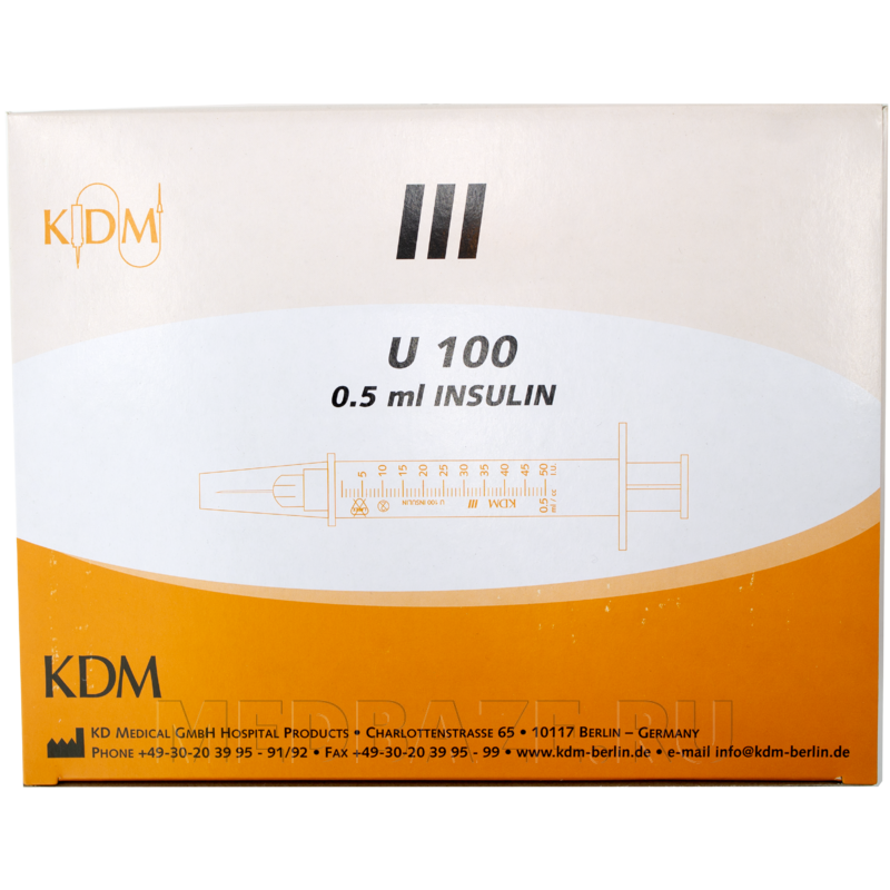 Шприц инъекционный инсулиновый 3-х комп. одноразовый KD-Ject 0.5 мл 30G 0.30*8 мм U100, со встроенной иглой (870525R), KDM, 100 шт/уп