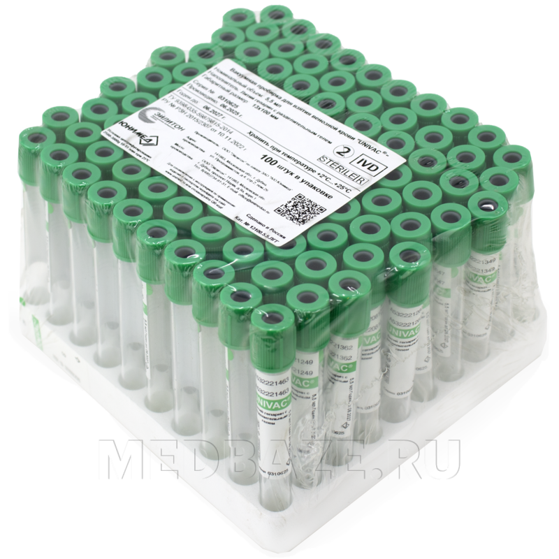 Пробирка вакуумная с литий гепарином 5.5 мл, 13*100 мм, с гелем (13100.5.5ЛГГ), Univac, 100 шт/уп