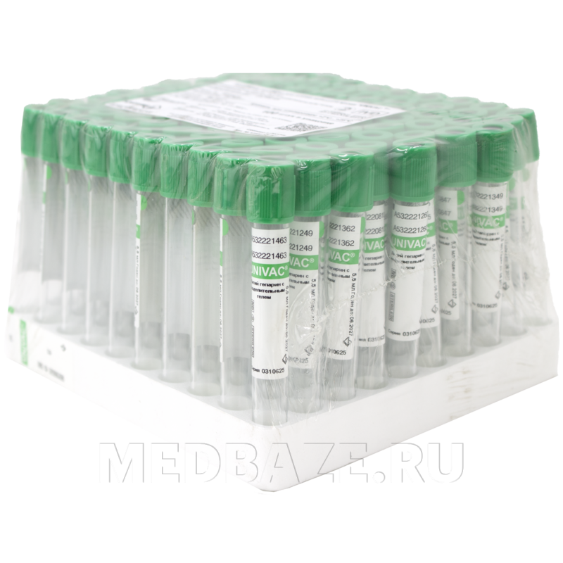 Пробирка вакуумная с литий гепарином 5.5 мл, 13*100 мм, с гелем (13100.5.5ЛГГ), Univac, 100 шт/уп