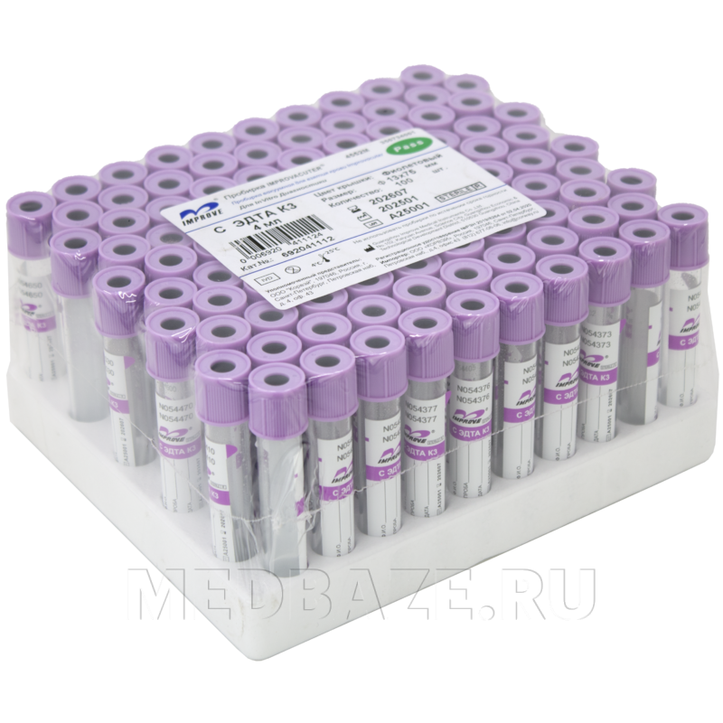 Пробирка вакуумная с К3 ЭДТА 4 мл, 13*75 мм (692041112), Improvacuter, 100 шт/уп