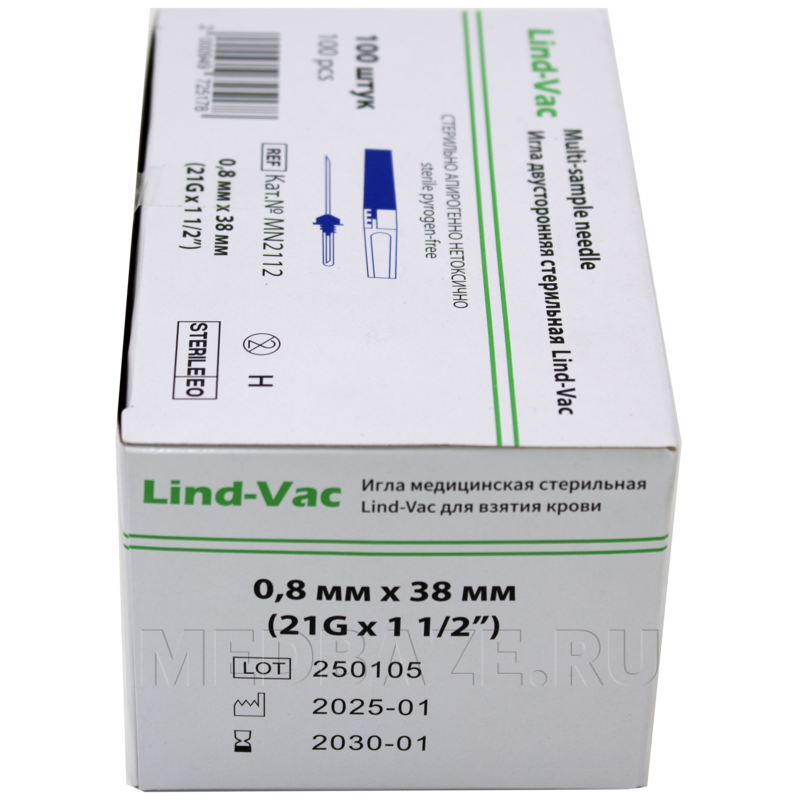 Игла двусторонняя с прозрачной камерой 21G*0.8*38 мм, (MN2112), Lind-Vac, 100 шт/уп