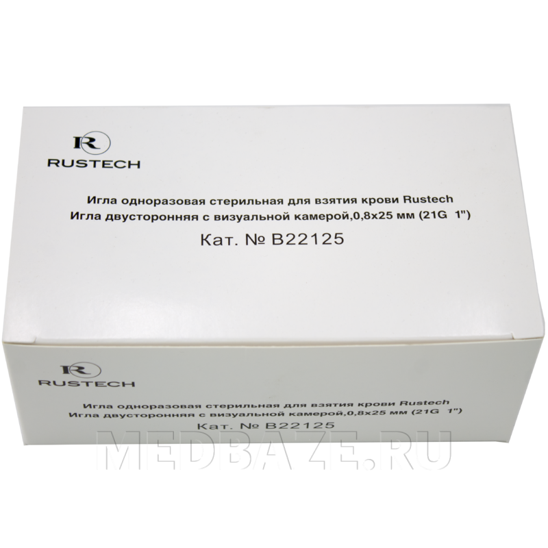 Игла двусторонняя с прозрачной камерой 21G 0.8*25 мм, зеленый (B22125), Rustech, 100 шт/уп
