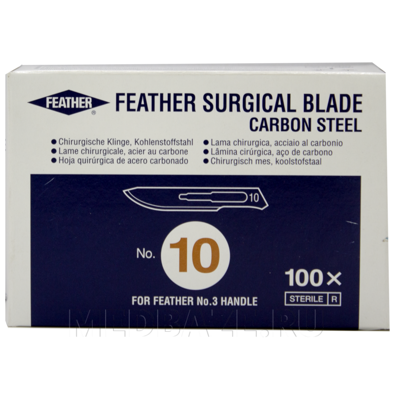 Лезвие Feather размер 10 стерильное одноразовое, из углеродистой стали, 100 шт/уп