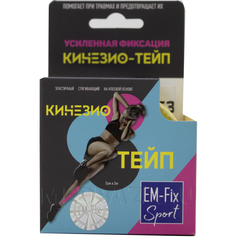 Бинт кинезиотейп, желтый, 5 см*5 м, EM-Fix Sport, Евромед