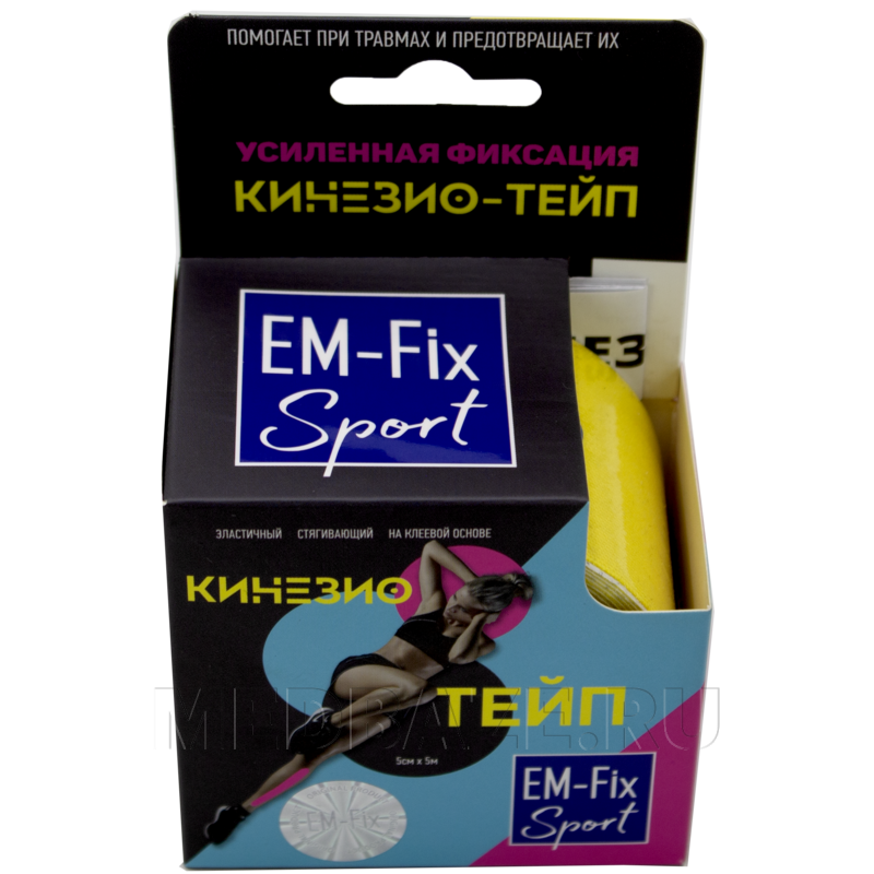 Бинт кинезиотейп, желтый, 5 см*5 м, EM-Fix Sport, Евромед