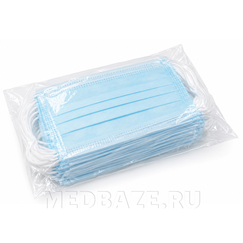 Маска 3-х слойная, на резинке, в полиэтилене, 45/г.2, голубой, (370012), Медбонд, 50 шт/уп