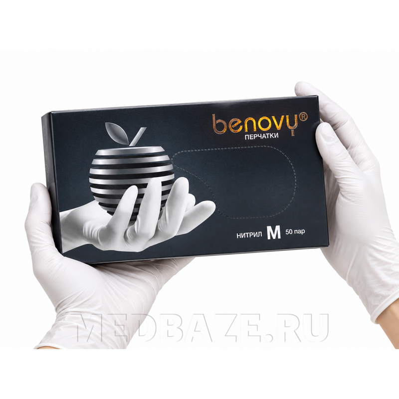 Перчатки нитриловые Benovy, размер M, текстурированные, белые (M204K3), 50 пар/уп
