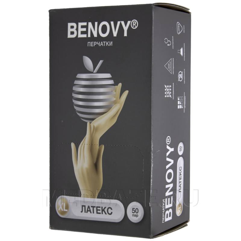 Перчатки латексные Benovy, размер XL, неопудренные, 50 пар/уп