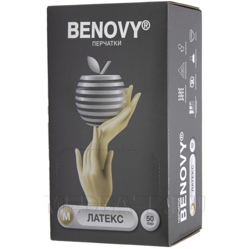 Перчатки латексные Benovy, размер М, неопудренные (B107K3), 50 пар/уп