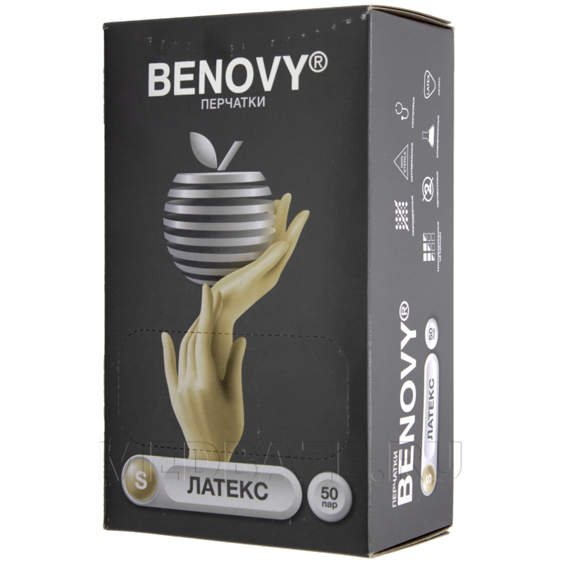 Перчатки латексные Benovy, размер S, неопудренные (B107K3), 50 пар/уп