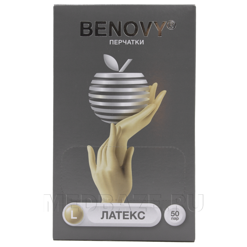 Перчатки латексные Benovy, размер L, неопудренные, 50 пар/уп