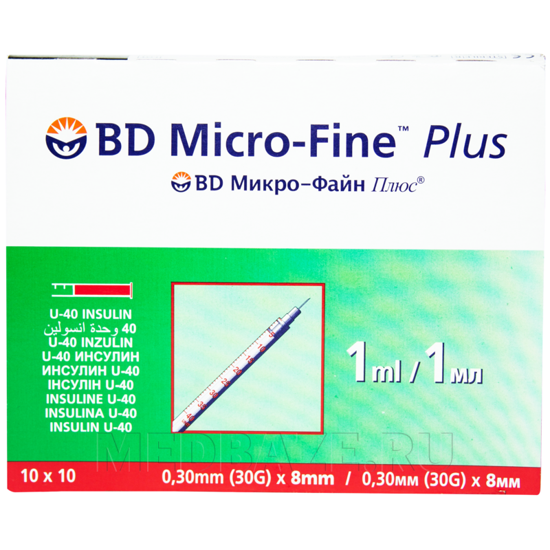 Шприц инъекционный инсулиновый 3-х комп. одноразовый 1 мл 30G 0.30*8 мм U40, BD Micro Fine Plus, 100 шт/уп