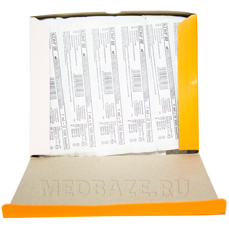 Шприц инъекционный инсулиновый 3-х комп. одноразовый 1 мл 29G 0.33*12 мм U100, с иглой (831373), KD-Ject, 100 шт/уп