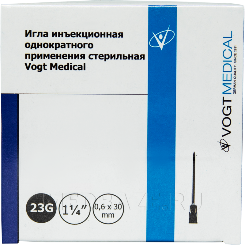 Игла инъекционная Vogt Medical 0.60*30 мм 23G 100 шт/уп голубой