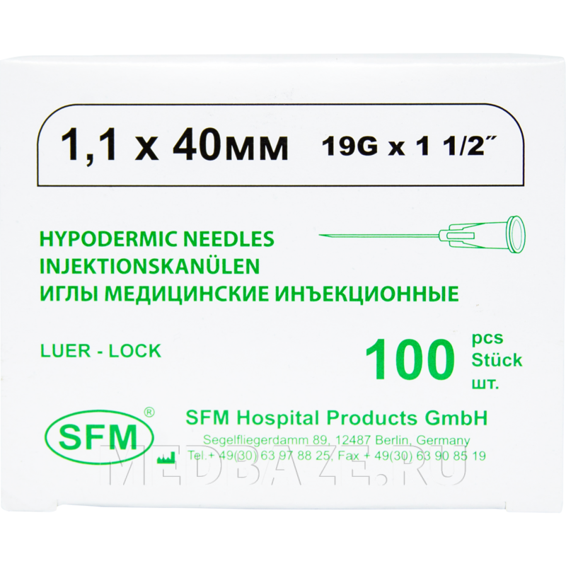 Игла инъекционная 19G 1.10*40 мм, SFM, 100 шт/уп