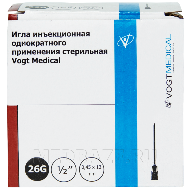 Игла инъекционная, 0.45*13 мм, 26G, Vogt Medical, 100 шт/уп