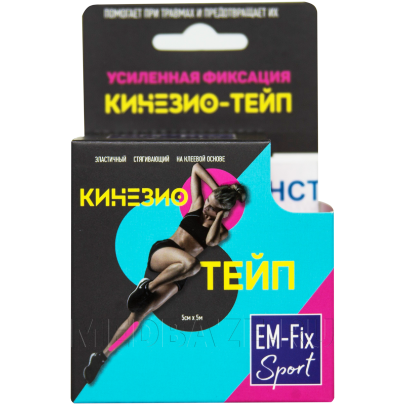 Бинт кинезиотейп, розовый, 5 см*5 м, EM-Fix Sport, Евромед