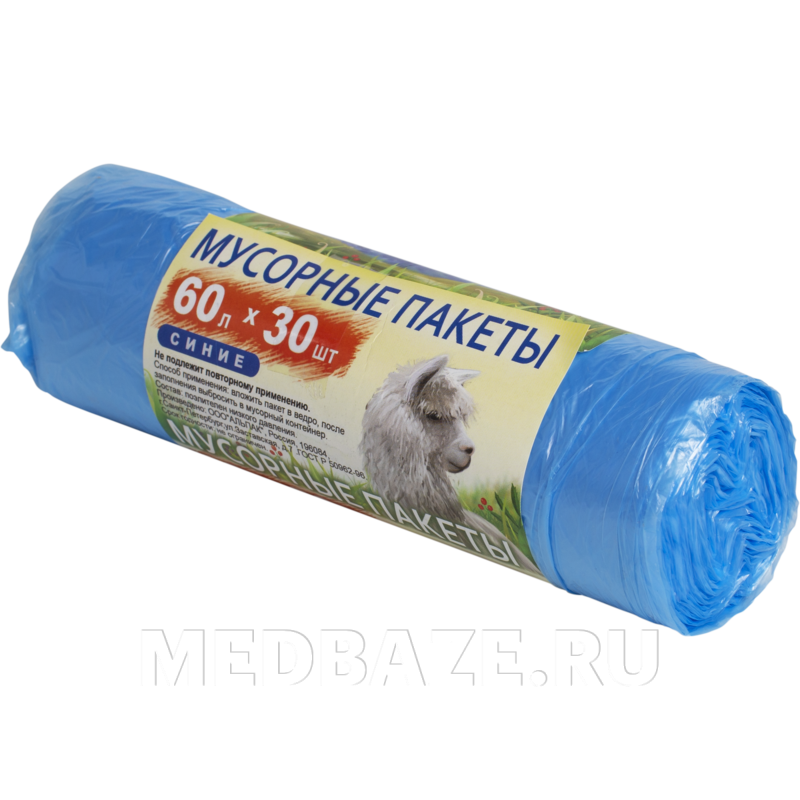 Пакет для мусора, 10 мкм, 60*80 см, 60 л, синий, 30 шт/рулон