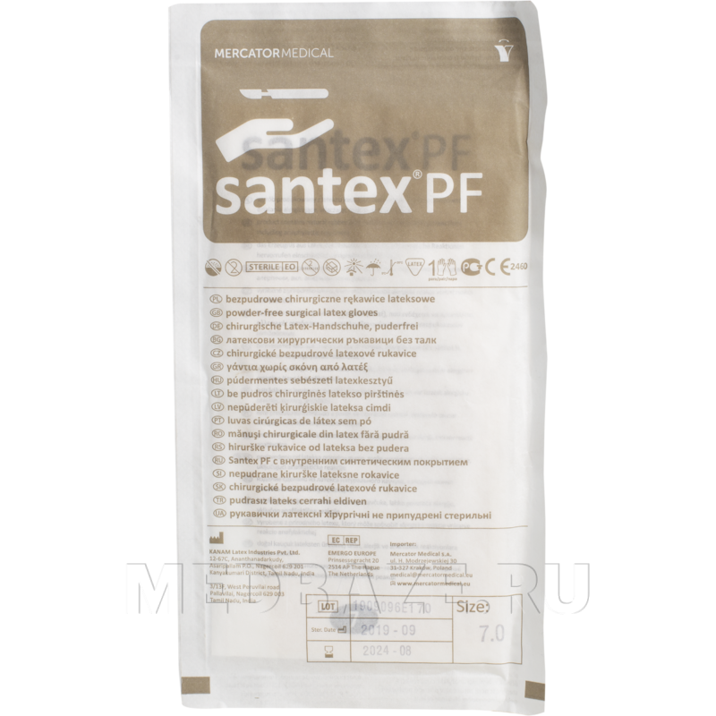 Перчатки хирургические латексные Santex PF, размер 7.0, стерильные неопудренные текстурированные